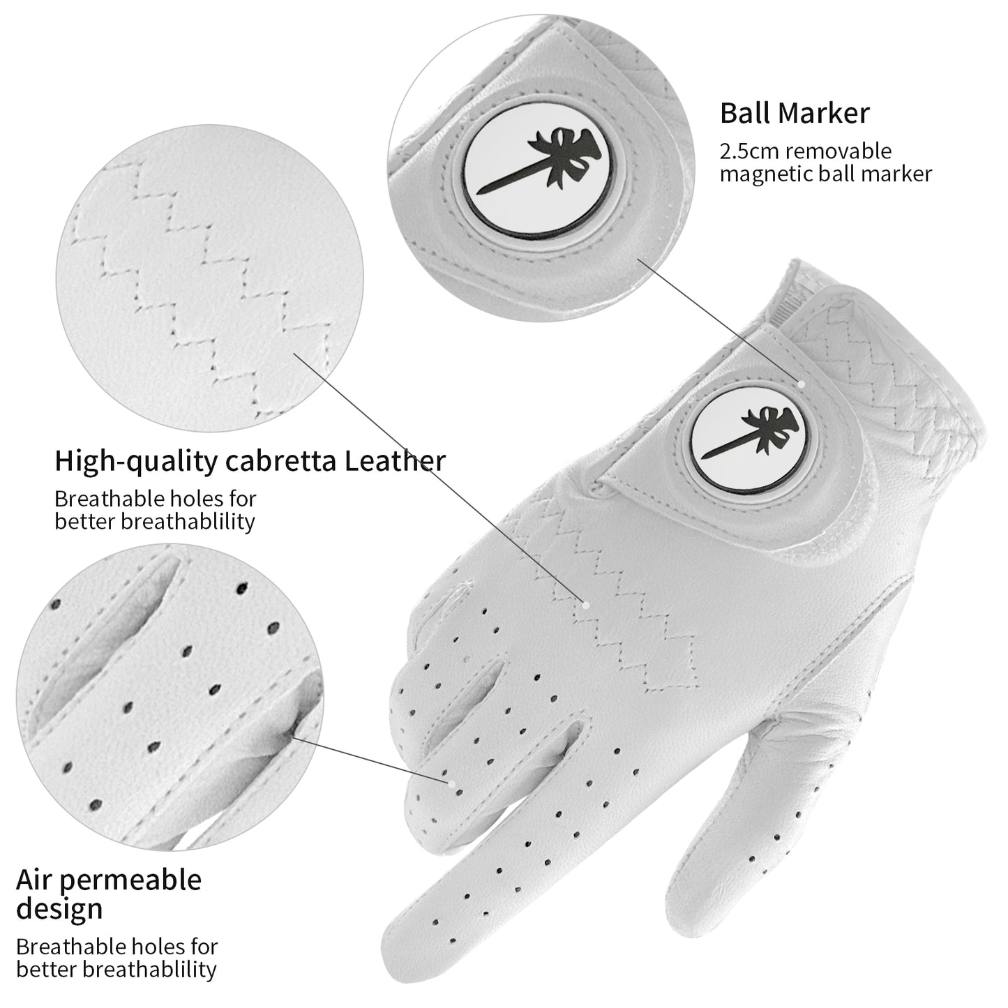 PINKTEE Golf Glove Women Left Hand Cabretta Leather with Ball Marker Adjustable Full Finger Fit Size S M L XL