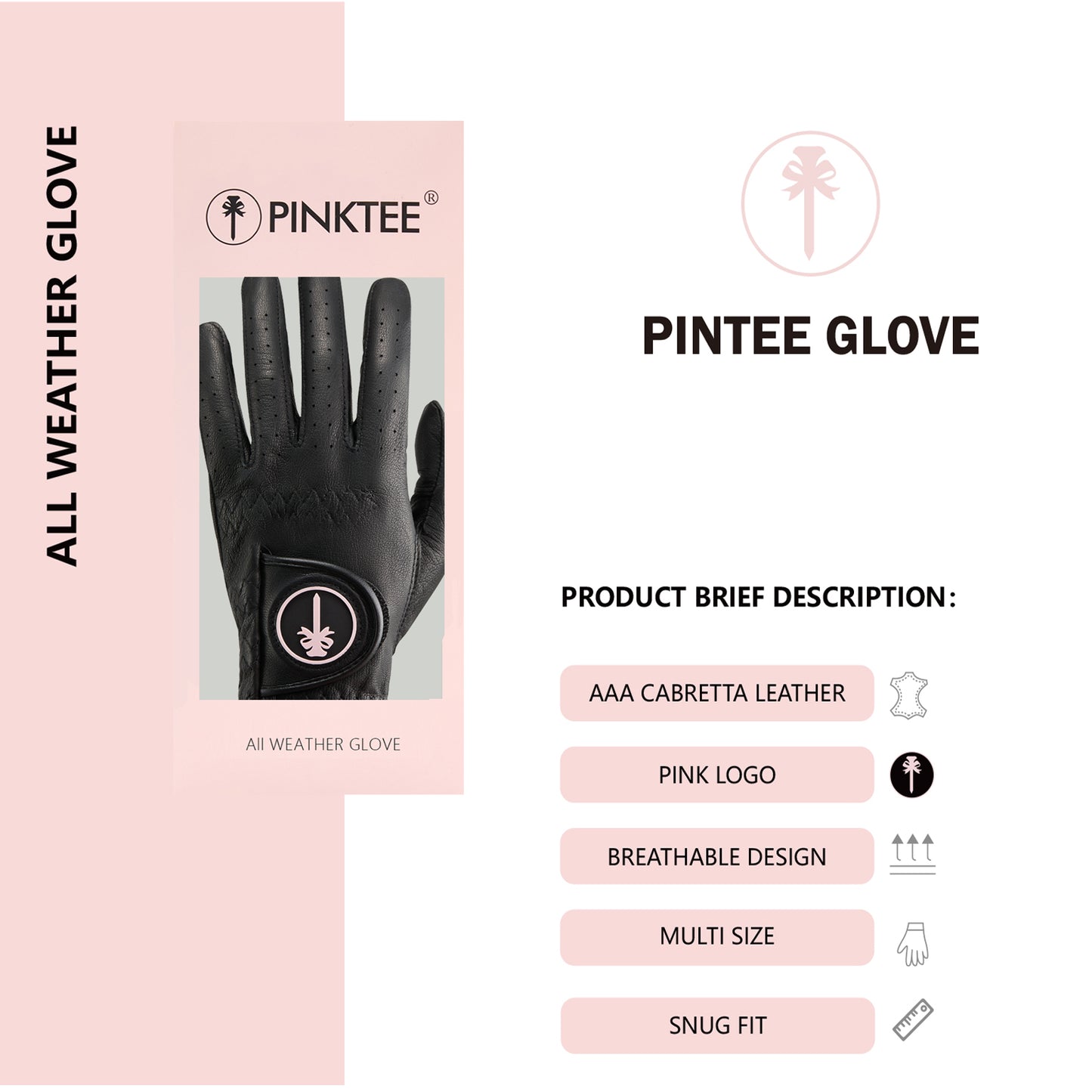 PINKTEE Women's Golf Glove Premium Cabretta Leather Ladies Left Hand Glove All Weather Grip Elastic Wristband