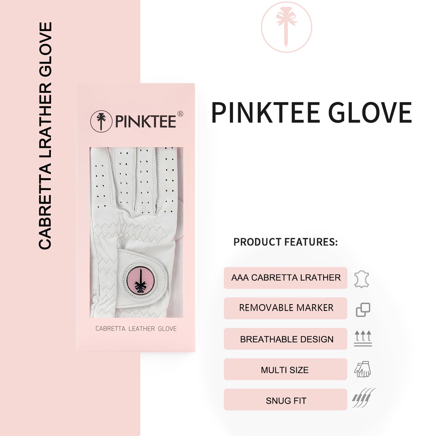 PINKTEE Women’s Leather Golf Glove with Removable Golf Ball Marker Full Finger Fit Size S M L XL