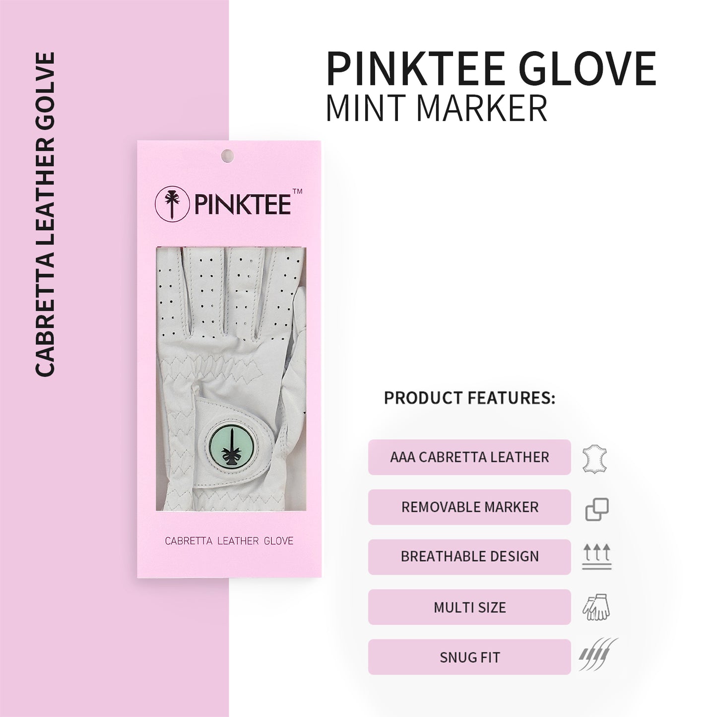 PINKTEE Women's Cabretta Leather Left Hand Golf Glove with Ball Marker, Size Small Medium Large XL