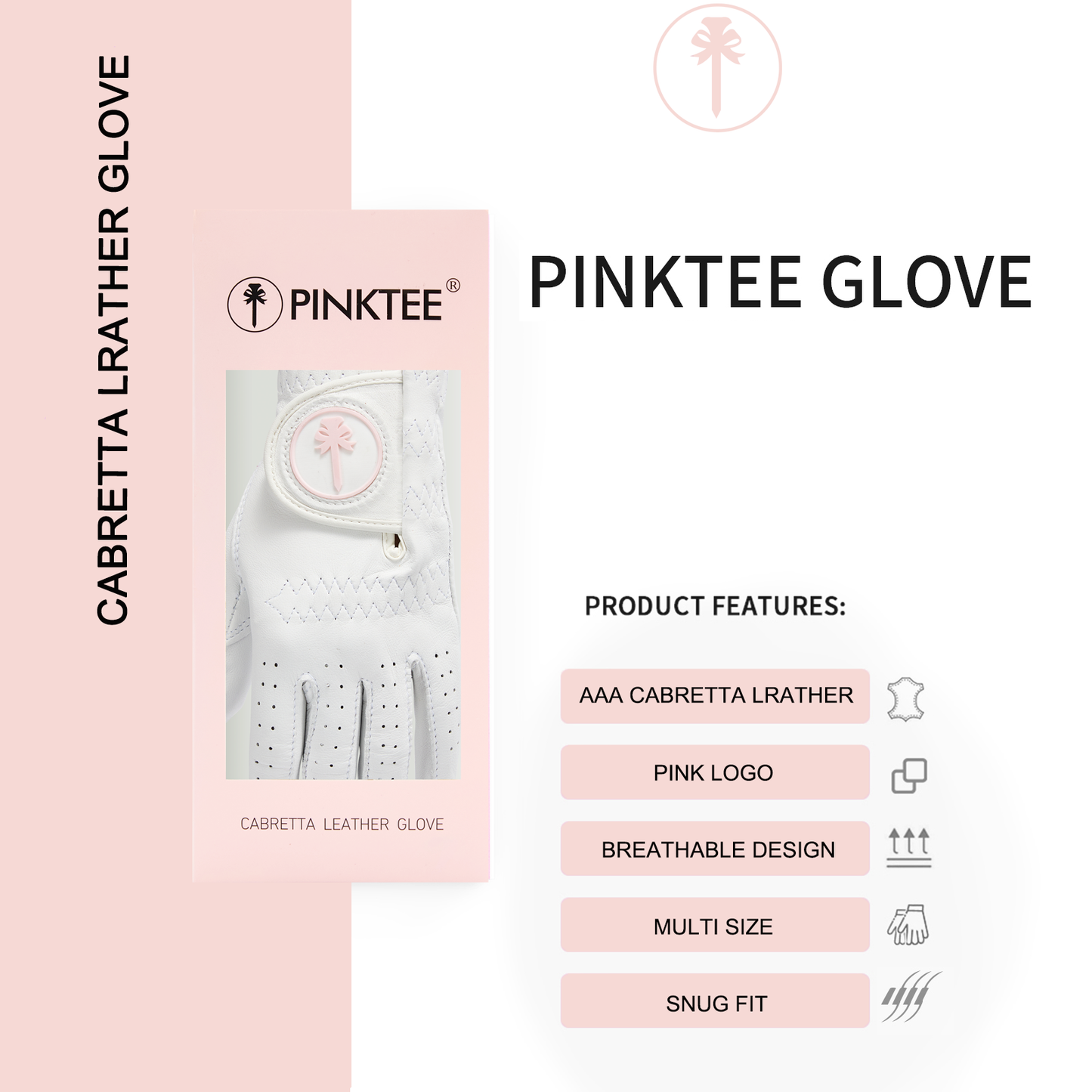 PINKTEE Women's Golf Glove Cabretta Leather Left Hand with Enhanced Grip Ladies Soft Pink Glove Fit Size Small Medium Large XL