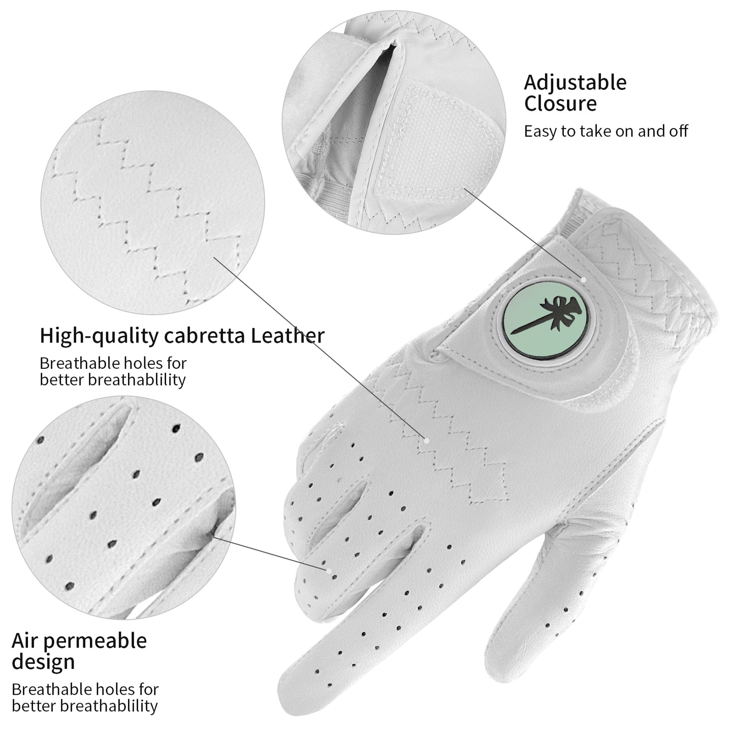 PINKTEE Women's Cabretta Leather Left Hand Golf Glove with Ball Marker, Size Small Medium Large XL