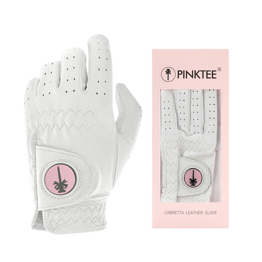 PINKTEE Women's Cabretta Leather Left Hand Golf Glove with Ball Marker, Size Small Medium Large XL