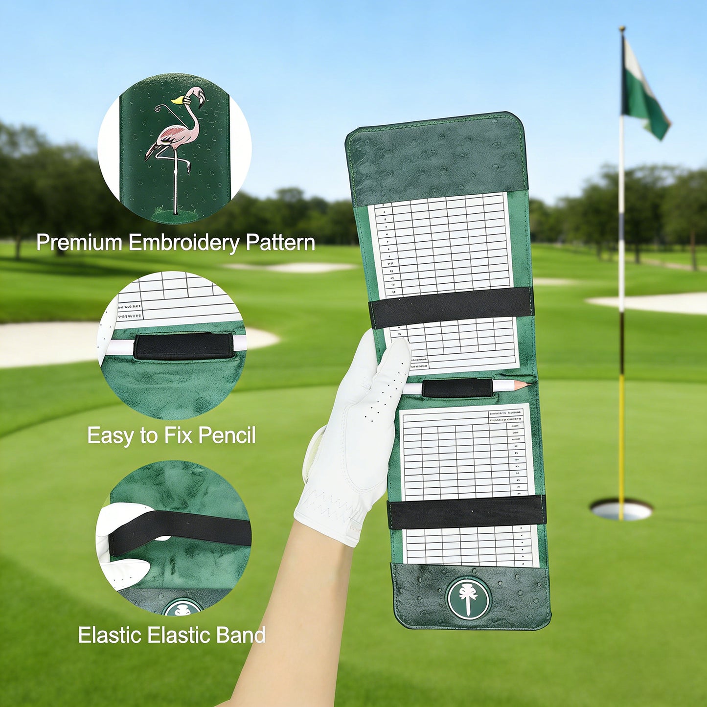 PINKTEE Golf Scorecard Holder and Yardage Book Cover with Embroidery Deluxe Leather Case Protector Value Pocket Score Card Covers Gift for Men Women Golfer