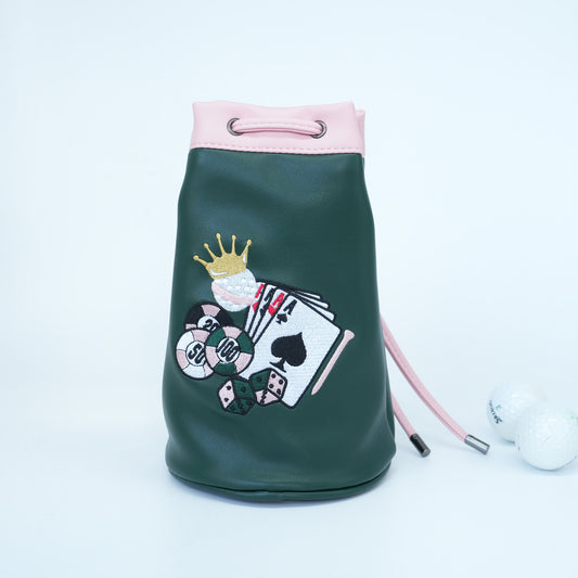 PINKTEE Golf Valuables Pouch Ball Sack with Drawstrings Leather Bucket Waist Design Golf Tee Pouch Golf Bag (Casino Queen)