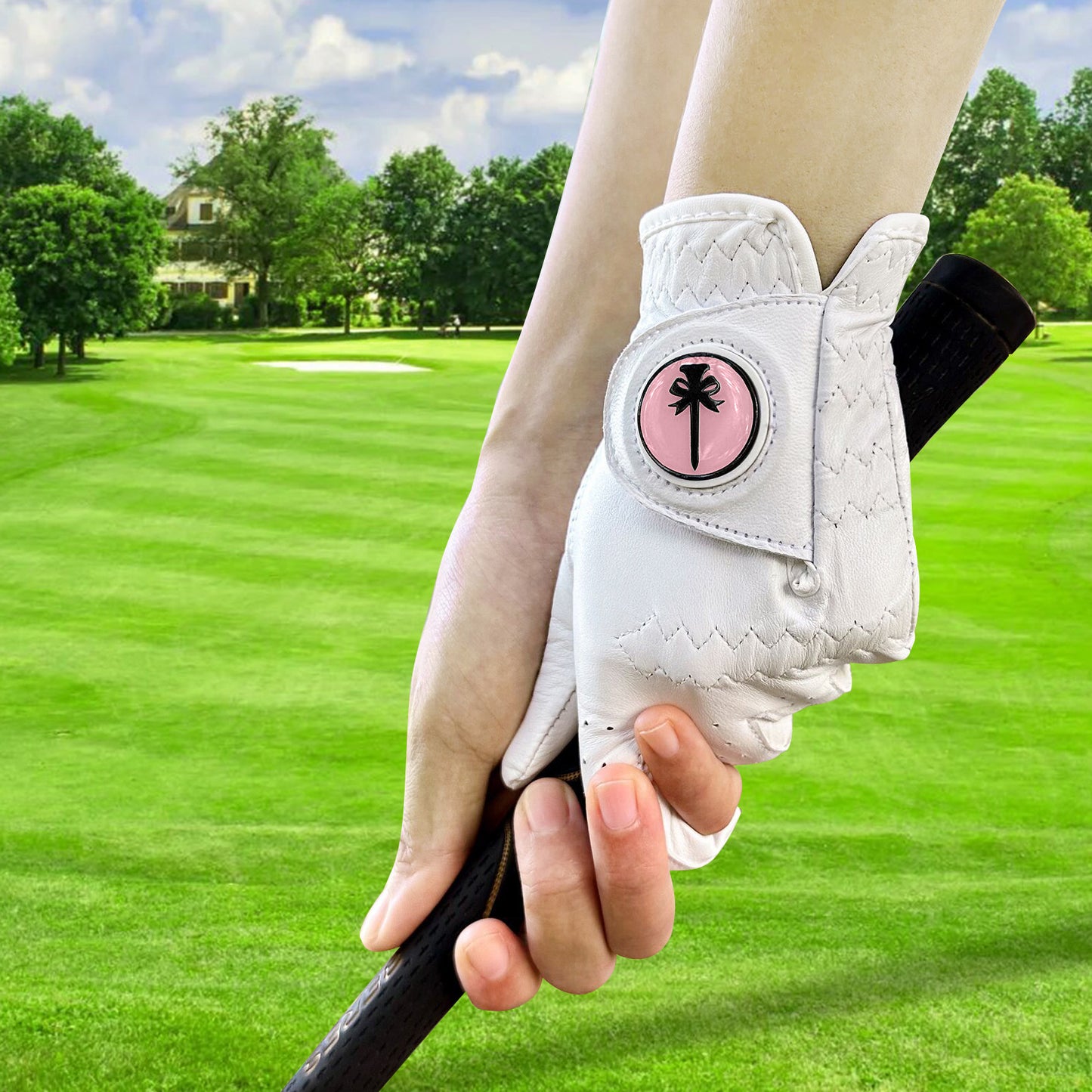 PINKTEE Women’s Leather Golf Glove with Removable Golf Ball Marker Full Finger Fit Size S M L XL