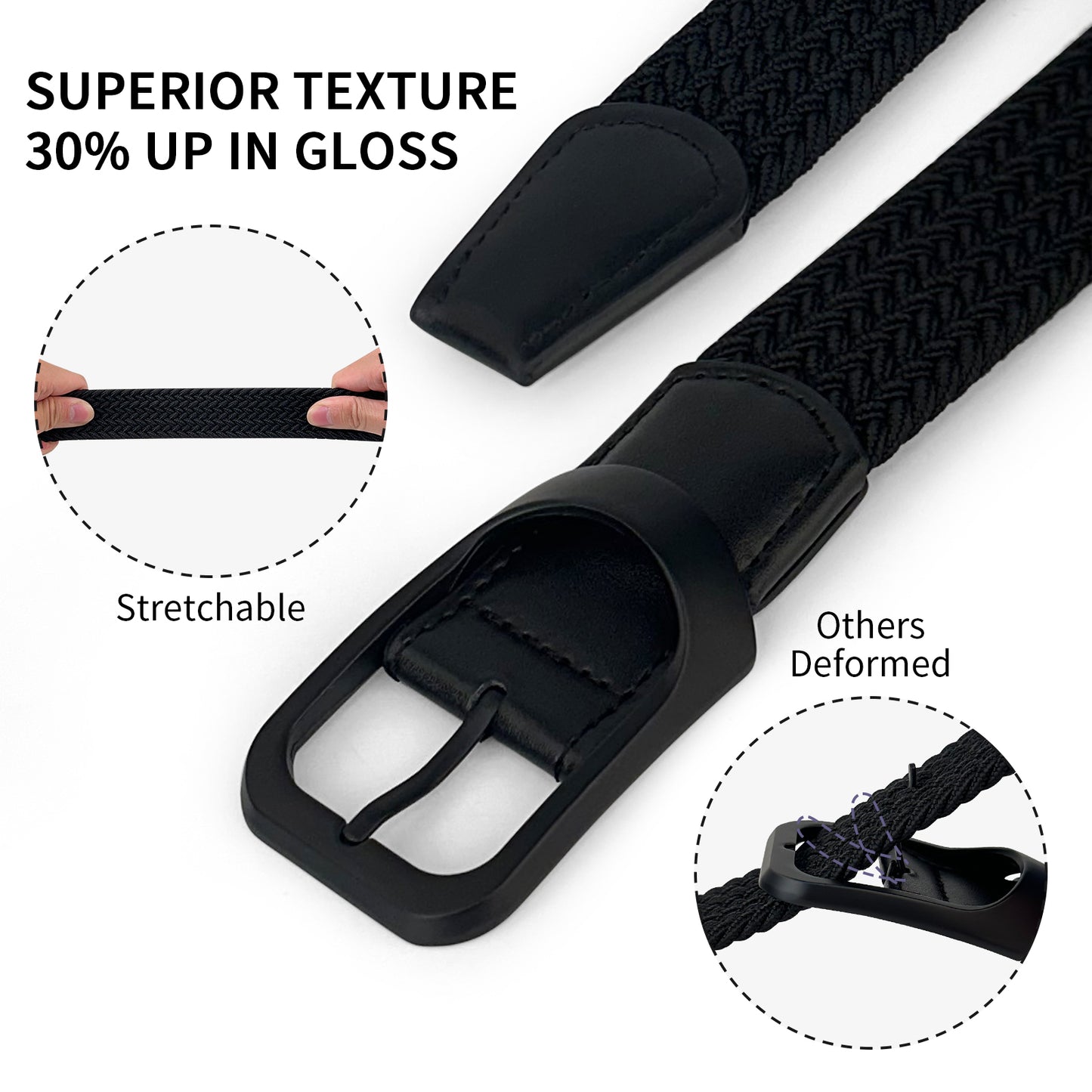 Black Elastic Braided Leather Golf Belt Casual Woven Stretch Belts Free Size For Golf Pants Casual Shorts Jeans