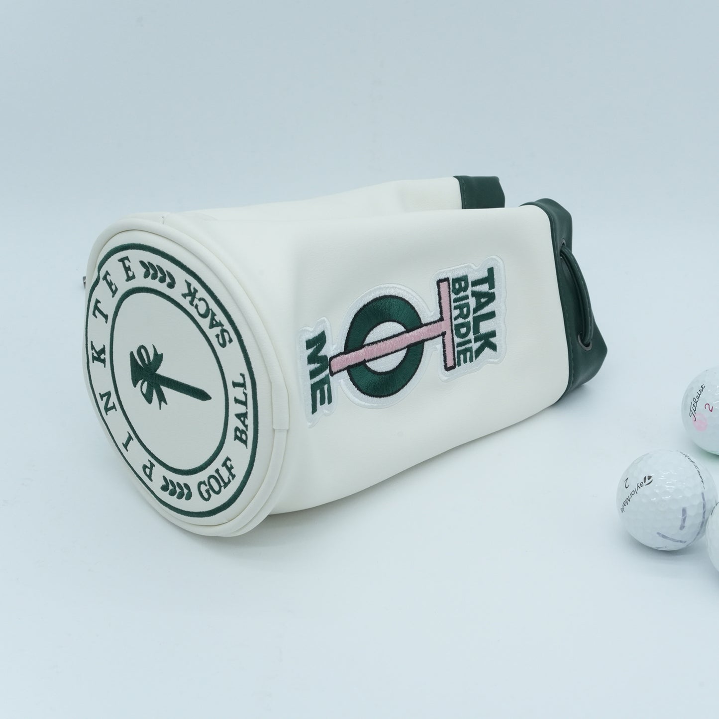 PINKTEE Golf Valuables Pouch Ball Sack with Drawstrings Leather Bucket Waist Design Golf Tee Pouch Golf Bag (Talk Birdie to Me)